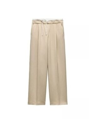 Zara Beige Drawstring Wide-Leg Trousers